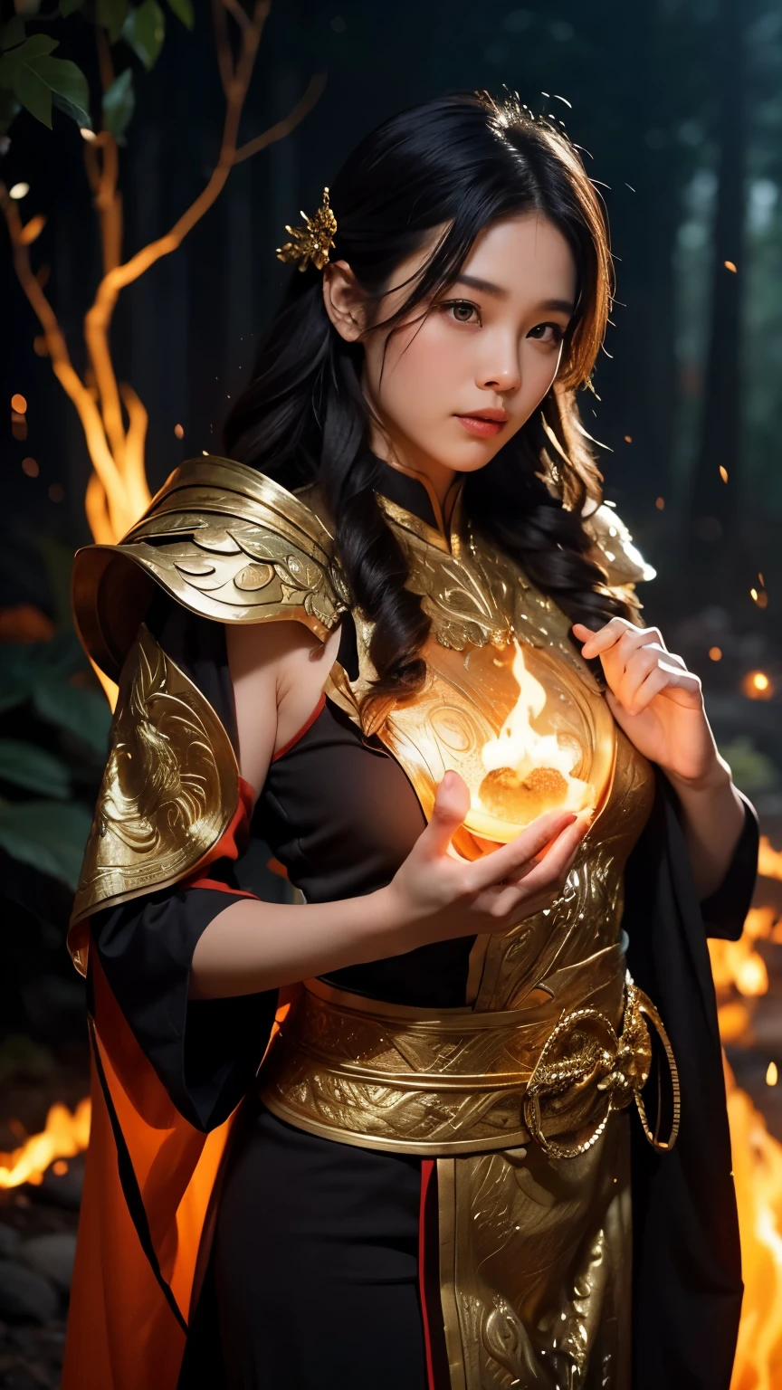 "A 40-year-old Vietnamese-Thai woman with a perfect figure, slightly plump, beautiful curves, fair skin, dark hair, golden highlights, and beautiful curls. She was wearing a long robe in a fantasy warrior style outfit that looked like it came from ancient times. She was standing in a ready-to-fight pose on a path in a dark forest. Orange flames were rising from his hands and around his body, giving off a hot aura. The flames mysteriously floated around him and dimly illuminated the atmosphere, creating a warm but powerful atmosphere. He had a serious and calm expression, as if he was controlling a powerful magical power in the midst of the quiet nature."