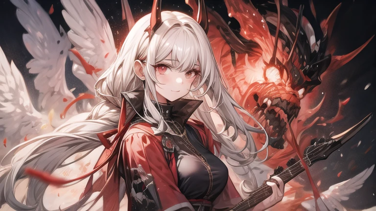 1girl in、shenron、Red Eyes、Sharp eye light、student clothes、a smile、White hair、Dragon wings、Dragon's horn、Dragon's tail,