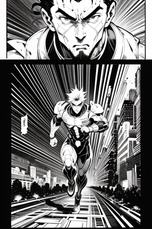 Science Fiction Manga、Black and white comics、Japanese Manga、Monochrome、 A comic strip depicting a cyborg running through a futuristic city, drawn frame by frame.