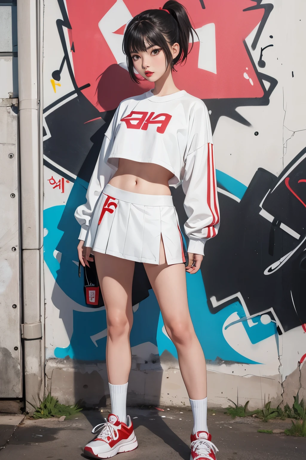 1 girl, wavy white long hair, photorealistic eye，Red eyes, Wear a crop top sweatshirt, Superskirt, City, absurd res, A high resolution, ultrasharp, 8K, Masterpiece, view the viewer，revealing white panties