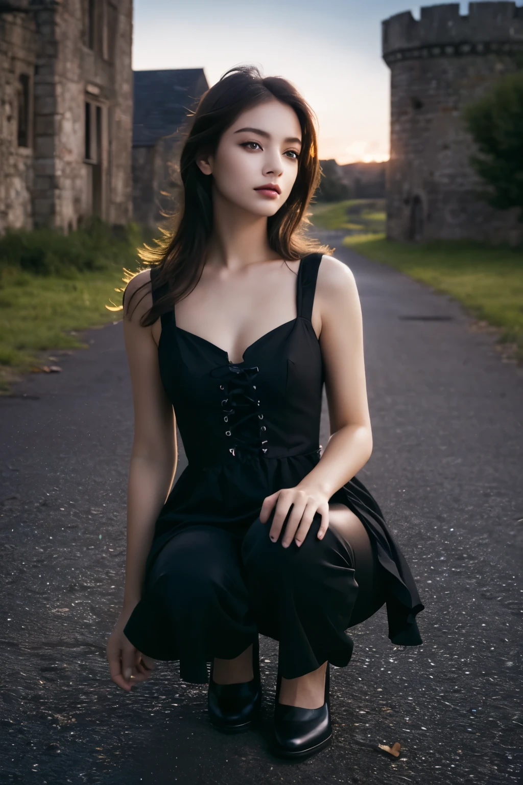 1 girl, (She is wearing a gothic black dress.:1.2), Very beautiful Japanese idol portraits, (RAW Photo Best Quality), (Realistic, Realistic:1.4), (masterpiece:1.4), 
Very delicate and beautiful, Very detailed, 2k wallpaper, wonderful, finely, Very detailed CG Unity 8K wallpaper, Very detailed, High resolution, Soft Light, 
Beautiful detailed girl, Very detailed目と顔, Beautiful and elegant nose Beautiful and beautiful eyes, Cinema Lighting, 
(She is standing in front of an abandoned medieval castle:1.3), (Night Sky, milky way), (Girl full body silhouette:1.2), (Dark screen:1.5), (Desolate landscape), (I am so lonely),
(Medium Hair), (Hair blowing in the wind), (Squat:1.5),
Perfect Anatomy, Slender body, Small breasts