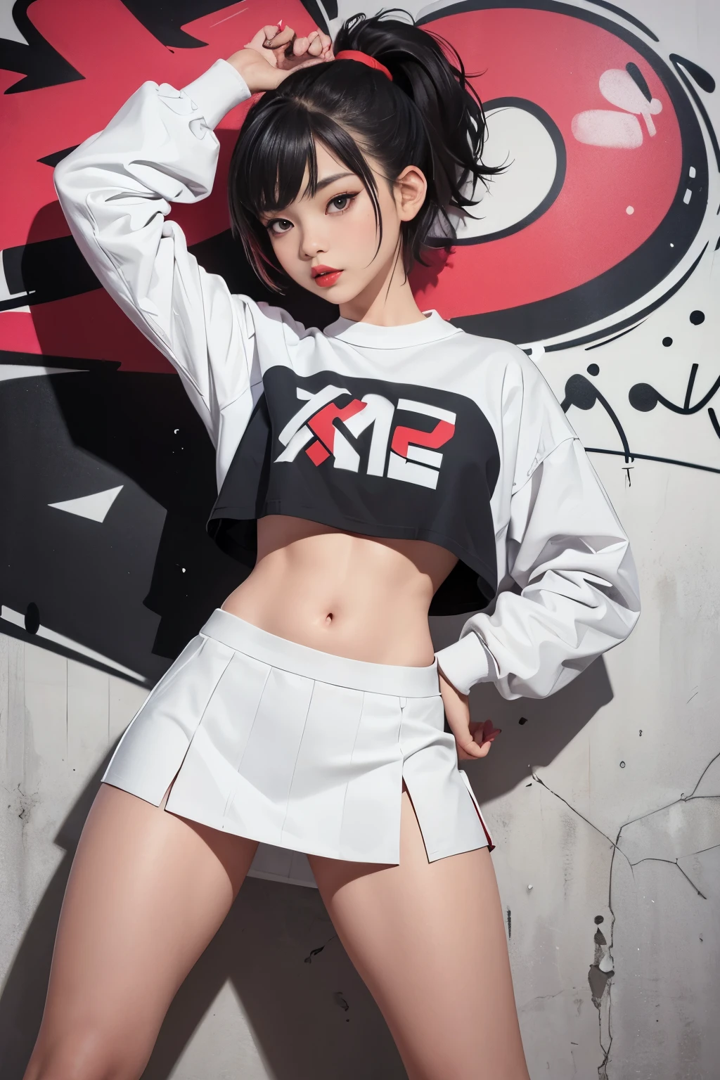 1girl, Korean, Red lips, short hair with ponytail,, white socks and sneakers, pose standing, crop top,  miniskirt, graffiti wall background, Graffiti art,