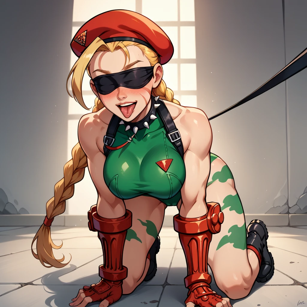 score_9, score_8_up, score_7_up, score_6_up, 1girl, CammyWhiteSFXL, (ultra HD quality details), (( scar on cheek, blonde hair, long hair, twin braids, antenna hair, camouflage, red beret, large breasts, bare shoulders, green leotard, black harness, red gloves, fingerless gloves, black boots)), bedroomsettings, (cinematic lighting:1.2), below, hogtie bondage, black boots, bare thighs, (((blindfold))), (((pet leash, leash, viewer holding leash, spiked animal collar))), (((hands on the ground, knee on the ground, crawling, on all fours, all fours))), petplay, fucked silly, vulgarity, sexual ecstasy smile, full face blush, smile broadly, evil smile, open mouth, stick out tongue, tongue out,