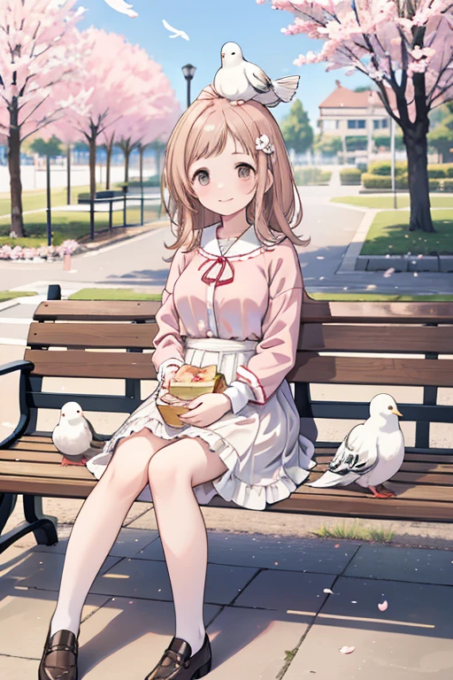 Sakuragi Mano,　 mega breasts,　　　smile, float,　Fluffy,　Healing,　　Hair accessories,　　 frill,　((feathers)),　park, bench, sandwich, white pigeon on head,  sandwich, sitting on a bench,  basket,  cherry blossom,