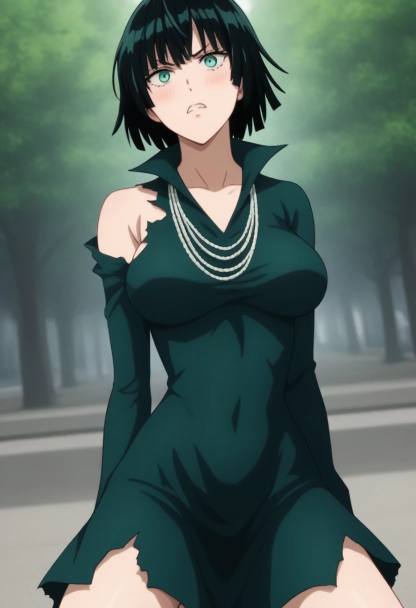 score_9, score_8_up, score_7_up, sauce_anime, ambient light,                                                                                                                                                                             
fubuki, fubuki \(one-punch man\), black hair, green eyes, short hair,,,, wince, frown, close up face:0.2,                       
nsfw, (show off breast),, torn black dress, dress,, high collar, jewelry, necklace, off shoulder, taut clothes, taut dress,, in panties,                                                                                                                                                                                                                   
outdoors,, park ,realistic park, (kneeling),                                                                                                                                              
cowboy shot,, looking at below, solo, dutch angle, blush,, , clenched teeth,,, large breasts