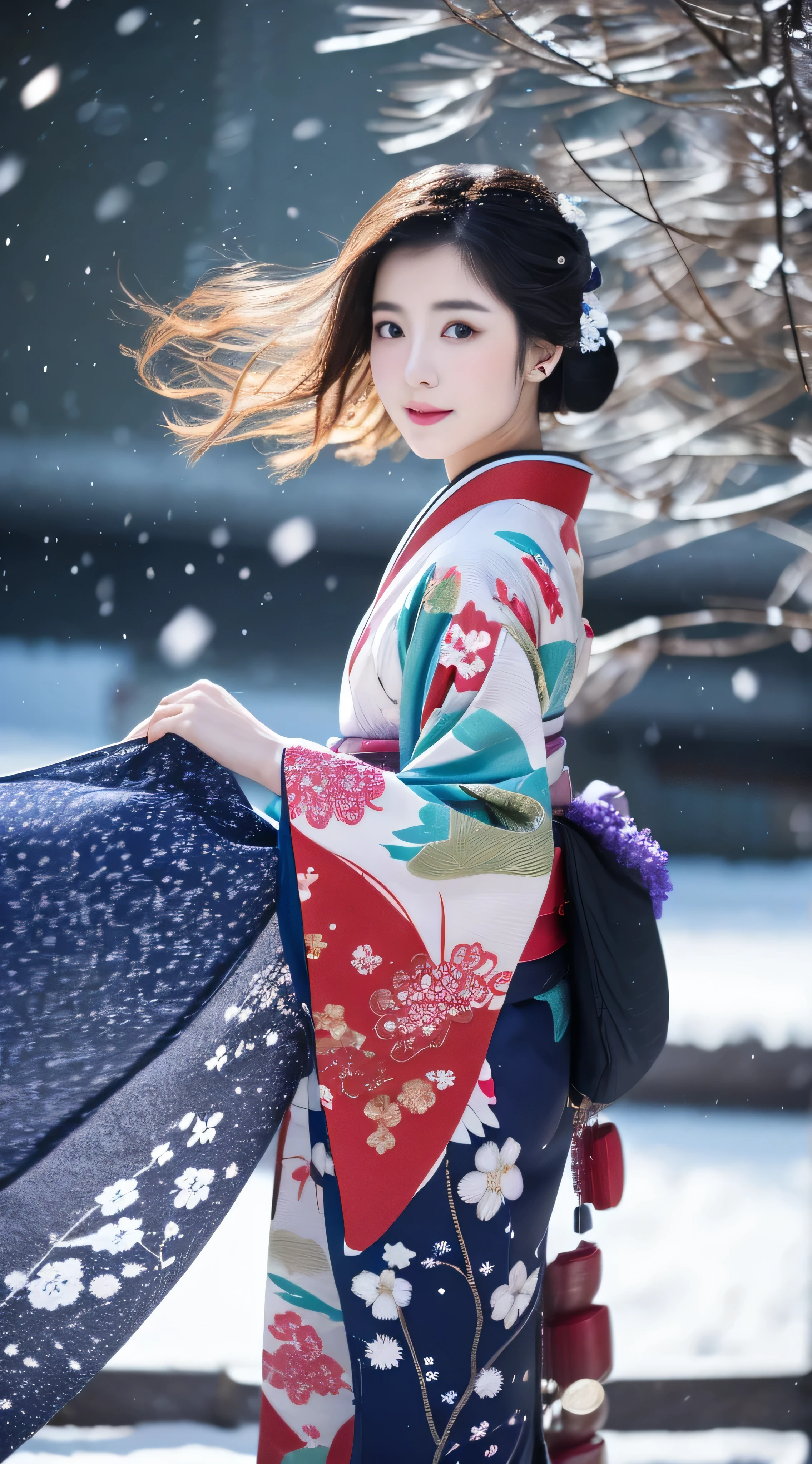 ((Kimono))、(full body Esbian)、(top-quality,​masterpiece:1.3,超A high resolution,),(ultra-detailliert,Caustics),(Photorealsitic:1.4,RAW shooting,)Ultra-realistic capture,A highly detailed、 Skin texture is natural、25-years old、The skin looks healthy with an even tone、 Use natural light and color、One Woman,japanes、A dark-haired,Middle hair,、(Falling snow:1.1)、(Hair swaying in the wind:1.3)、(Snow reflects light)、Light in the eyes、Looking at the camera