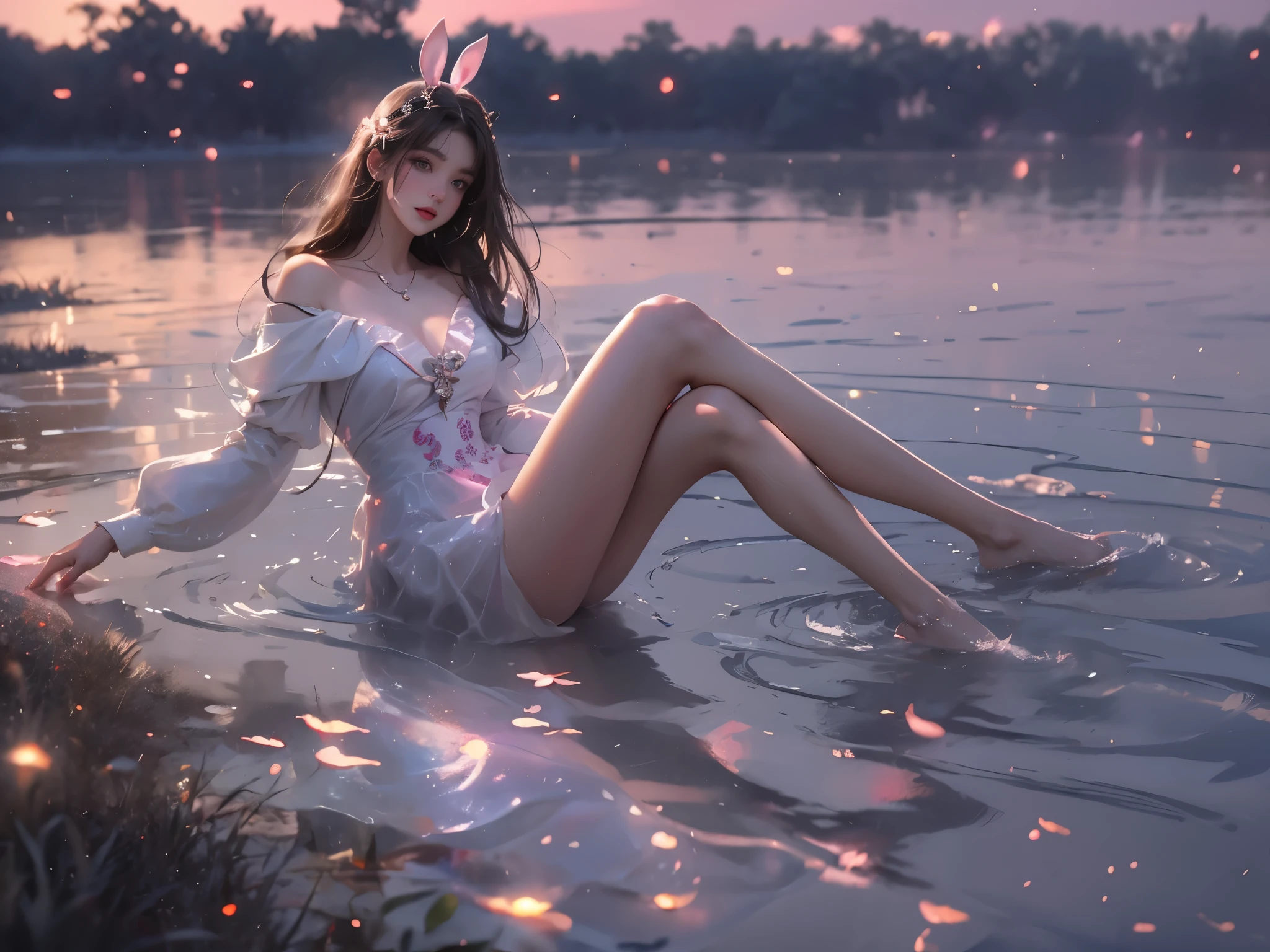 cyb dress,rabbit dress,white dress,rabbit skirt,shirt,animal print shirt,long sleeves,bow,pink bow,rabbit print ((full body)), ((Sit naturally on the ground, leaning back with your elbows supporting your body)), ((Hyperrealistic portrait of a slender)), sexy woman , Full breasts, visible cleavage, night, dramatic moonlight illumination, pale skin glistening with droplets, long wet hair flowing, delicate facial features, high cheekbones, full lips, intense eyes, fine eyelashes, thin eyebrows, elegant neck, bare shoulders, collarbone visible, toned arms, slender waist, curvy hips, long shapely legs correctly proportioned, smooth skin texture, starry night sky reflected, mist hovering over water surface, 8k resolution, photorealistic detail, cinematic lighting, volumetric fog, ray tracing, subsurface scattering, high dynamic range