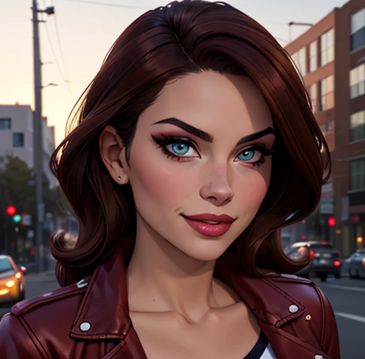 Best quality, realistic, from the front in first person, KristannaTX on a Los Angeles city street, (a female mexican supermodel), (sexy wine red leather jacket:1.1), split, Seductive smile, (dark hair), (hairstyle:1.0), Perfect eyes, sharp parts, Detailed face, face-makeup, cheeks turn red, Eyeliner, eyeshadow, Lip gloss, supermodel, (deep focus), (hard lighting), (night time), (realistic lighting:1.0)