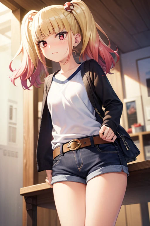 ((masterpiece)),(best quality),official art,extremely detailed CG,unity 8k wallpaper,ultra detailed,beautiful detailed eyes,extremely detailed face,1girl,solo,cowboy shot,looking at viewer,niguredou julia,multicolored hair,gradient hair,pink hair,blonde hair,twintails,food-themed hair ornament,mushroom hair ornament,red eyes,white shirt,long sleeves,denim shorts,shorts rolled up,belt