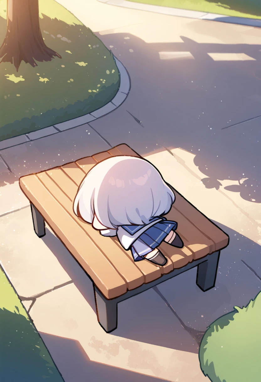 chibi, 1girl,face down, spread out, whole body, rear view,park in bench, sunset sunlight,school uniform, lying on the ground, sleeping, back of the head, relaxing, does it look dead? ,BREAK, people around look at her