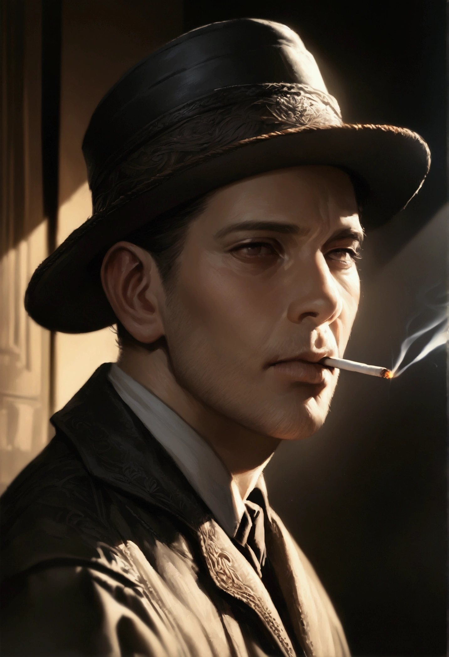 painting of a man named Thomas Shelby from the Peaky Blinders series with a cigarette in his mouth on a clipboard, colorful drawing, inspired by Peaky Blinders, highly detailed face!!!, inspired by Thomas Shelby, Peaky Blinders series, inspired by Thomas Shelby, closeup potrait, solo portrait, realistic self-portrait, color drawing, art portrait