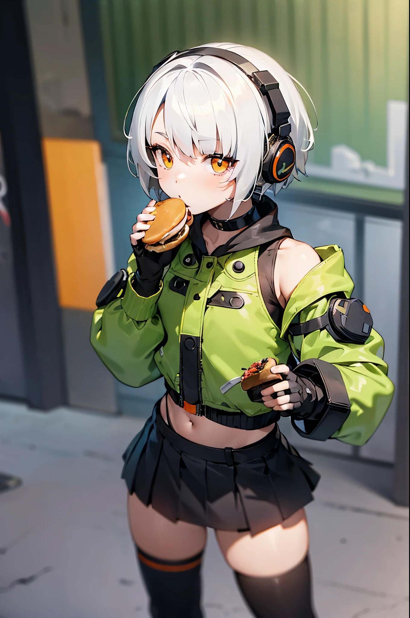 a masterpiece, ambiguous demeanor, orange eyes, short hair, white hair, expressionless, standing, bare shoulders, black gloves, black skirt, black thigh-high socks, fingerless gloves, green jacket, headphones, navel, thigh-high socks, street, eating a hamburger