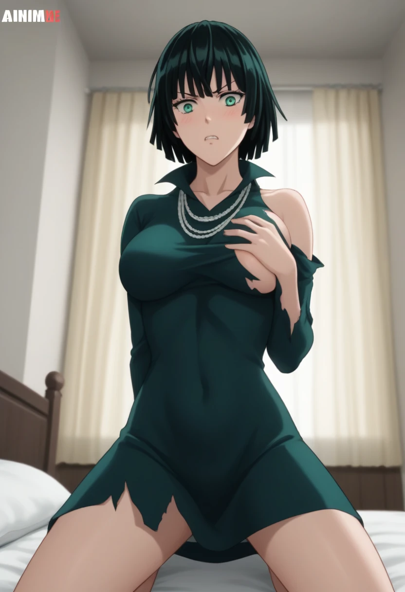 score_9, score_8_up, score_7_up, sauce_anime, ambient light,                                                                                                                                                                             
fubuki, fubuki \(one-punch man\), black hair, green eyes, short hair,,,, wince, frown, close up face:0.2,                       
nsfw, (show off breast),, torn black dress, dress,, high collar, jewelry, necklace, off shoulder, taut clothes, taut dress,, in panties,                                                                                                                                                                                                                   
indoors,, bed ,realistic bed room, (kneeling),                                                                                                                                              
cowboy shot,, looking at below, solo, dutch angle, blush,, , clenched teeth,,, large breasts