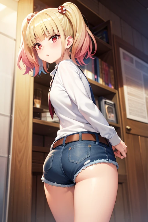 ((masterpiece)),(best quality),official art,extremely detailed CG,unity 8k wallpaper,ultra detailed,beautiful detailed eyes,extremely detailed face,1girl,solo,cowboy shot,looking at viewer,looking back,niguredou julia,multicolored hair,gradient hair,pink hair,blonde hair,twintails,food-themed hair ornament,mushroom hair ornament,red eyes,white shirt,long sleeves,denim shorts,shorts rolled up,belt