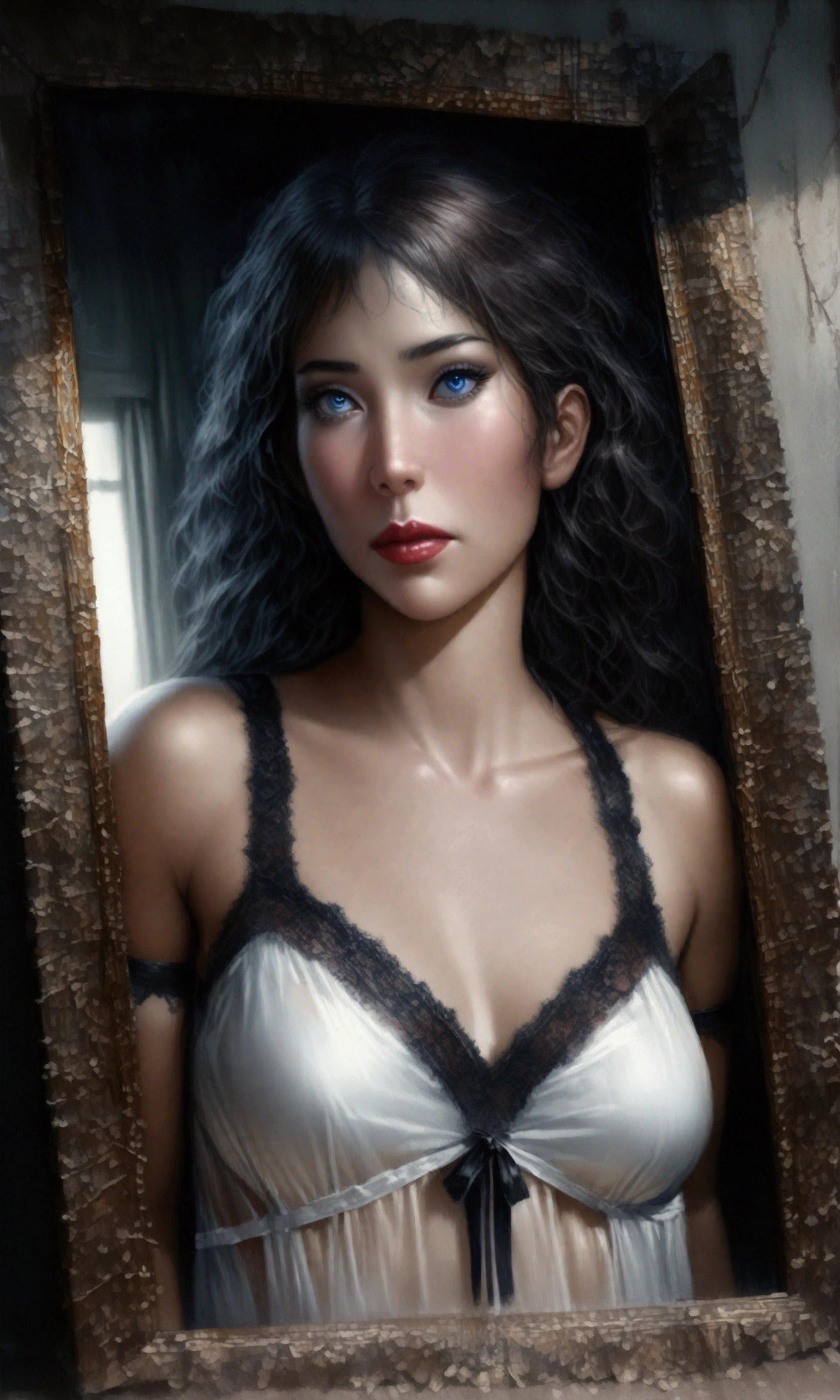 No estilo evocativo de Casey Baugh, a goth emerges from the depths of darkness, Its essence, a captivating mix of mystery and fascination;. With piercing eyes and flowing ebony hair, she exudes an enigmatic presence that draws viewers into her world. Baugh's brushwork infuses the painting with a unique combination of realism and abstraction., highlighting the delicate features of and contrasting them against a background, tons ricos. The play of light and shadow adds depth and dimension to the artwork, creating a hauntingly beautiful portrait of this gothic muse. Baugh's distinctive style captures the essence of the girl's enigmatic nature, convidando os espectadores a explorar as profundezas de sua alma