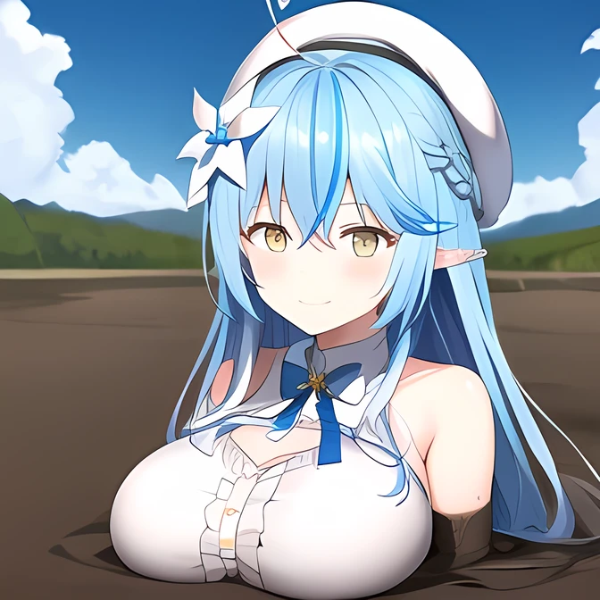 1girl,(adult),(Beaming Face with Smiling Eyes Emoji),(detailed_face:1.2),cleavage,messy,(forest),(sky),(cloud),solo,muddy,(8k hd),(big breast),(breast on quicksand),quicksand,long hair,character anime,(partially_submerged),(1girl quicksand),yellow eye,v1.0,Yukihana Lamy,(masterpiece, best quality, highres, aalamy, long hair, streaked hair, ahoge, braid, beret, white headwear, hair flower, blue bowtie, cleavage, clothing cutout, white shirt, sleeveless, black corset,snowflake print, open clothes, white thighhighs, brown bel,Upper bodymidriff,Upper body,Sinking into the mud,Division distance image,anime,(girl In the mud),Extremely detailed CG,sand