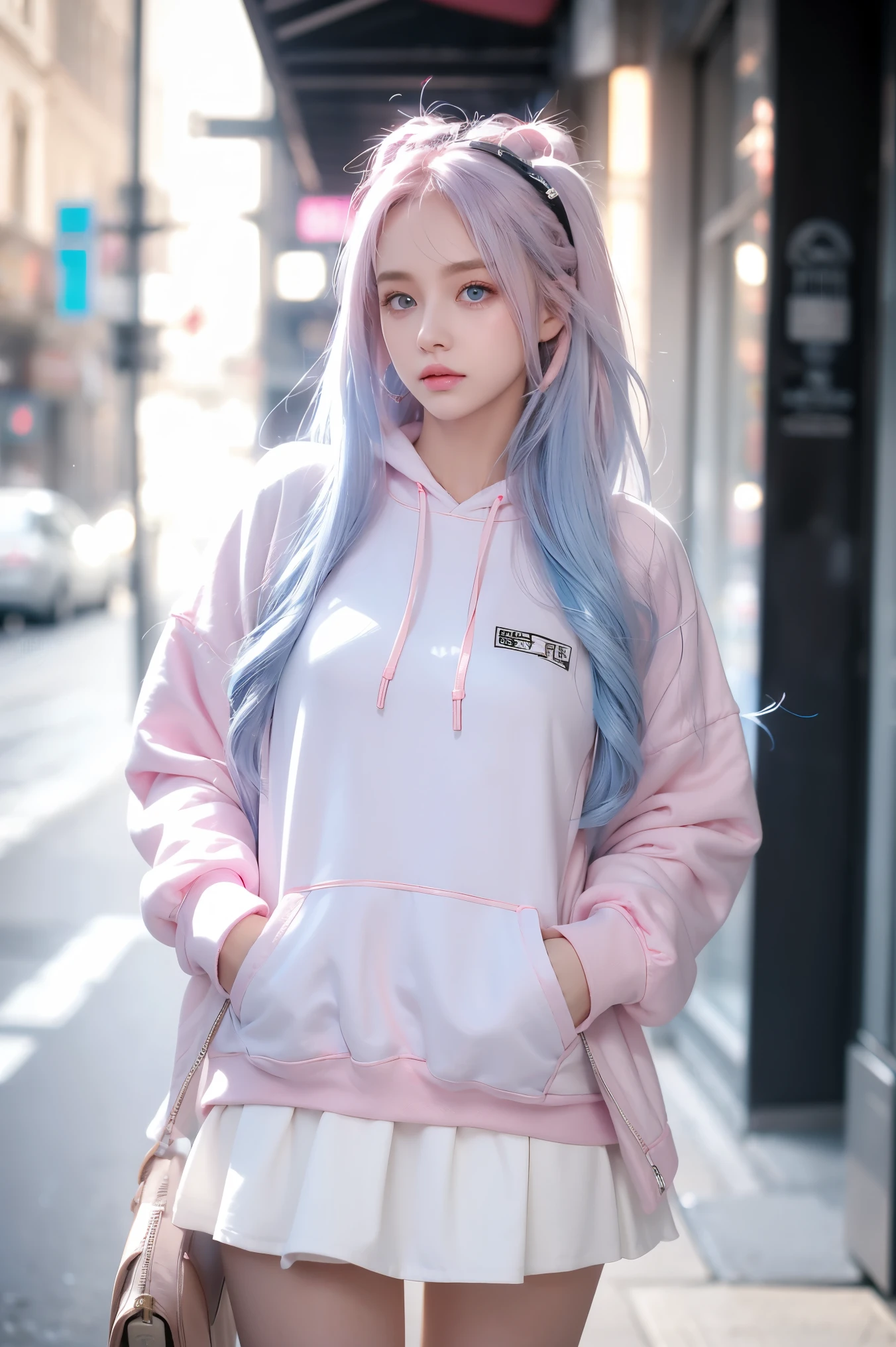 light blue long hair，pink eyes，Pink sweatshirt，Black headphones，white skirt，white silk，shy，