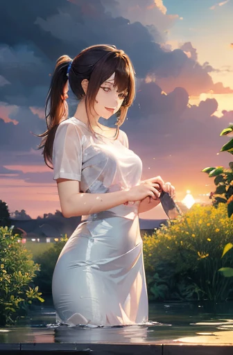 A mature woman in a white wet dress gets impatient and wet, water sprays from below the ground in a mist-like manner, brown hair in a ponytail, sunset, masterpiece, a rainbow appears.