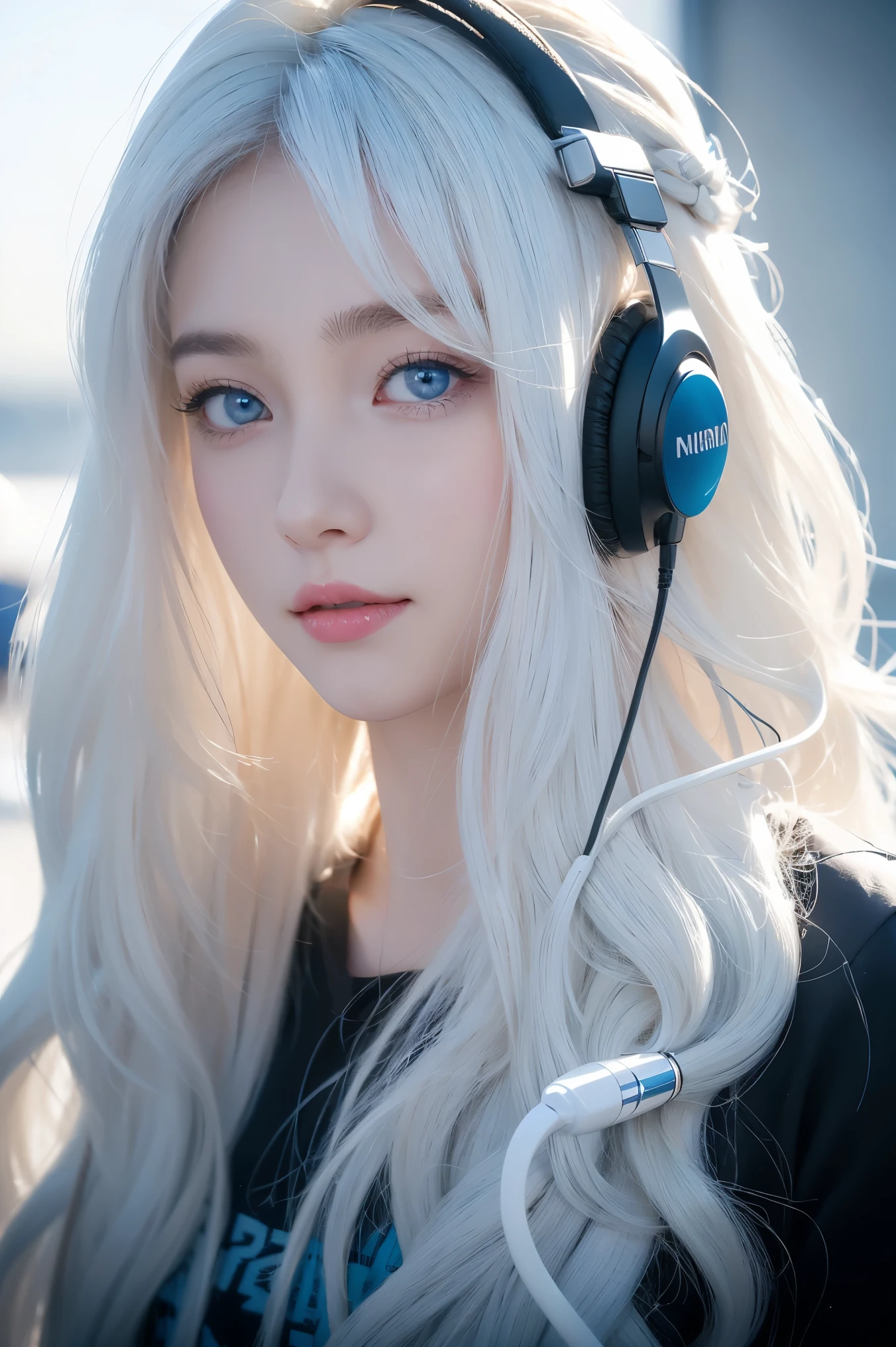 Woman, White long, curly hair，Natural hair. white hair.  Blue eyes. student. university. happy. Earphones. music. 