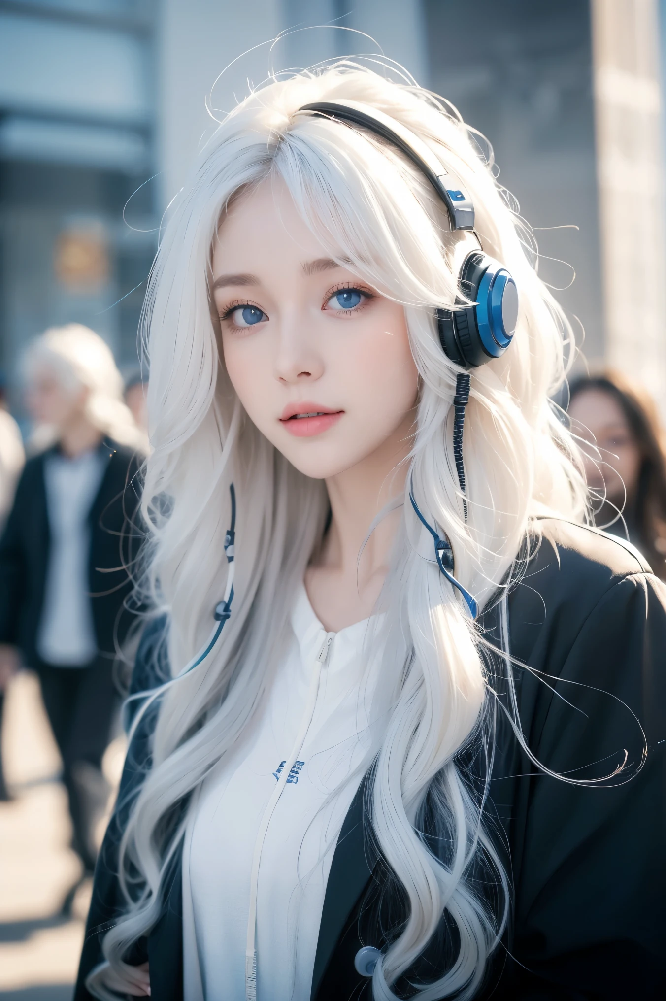 Woman, White long, curly hair，Natural hair. white hair.  Blue eyes. student. university. happy. Earphones. music. 