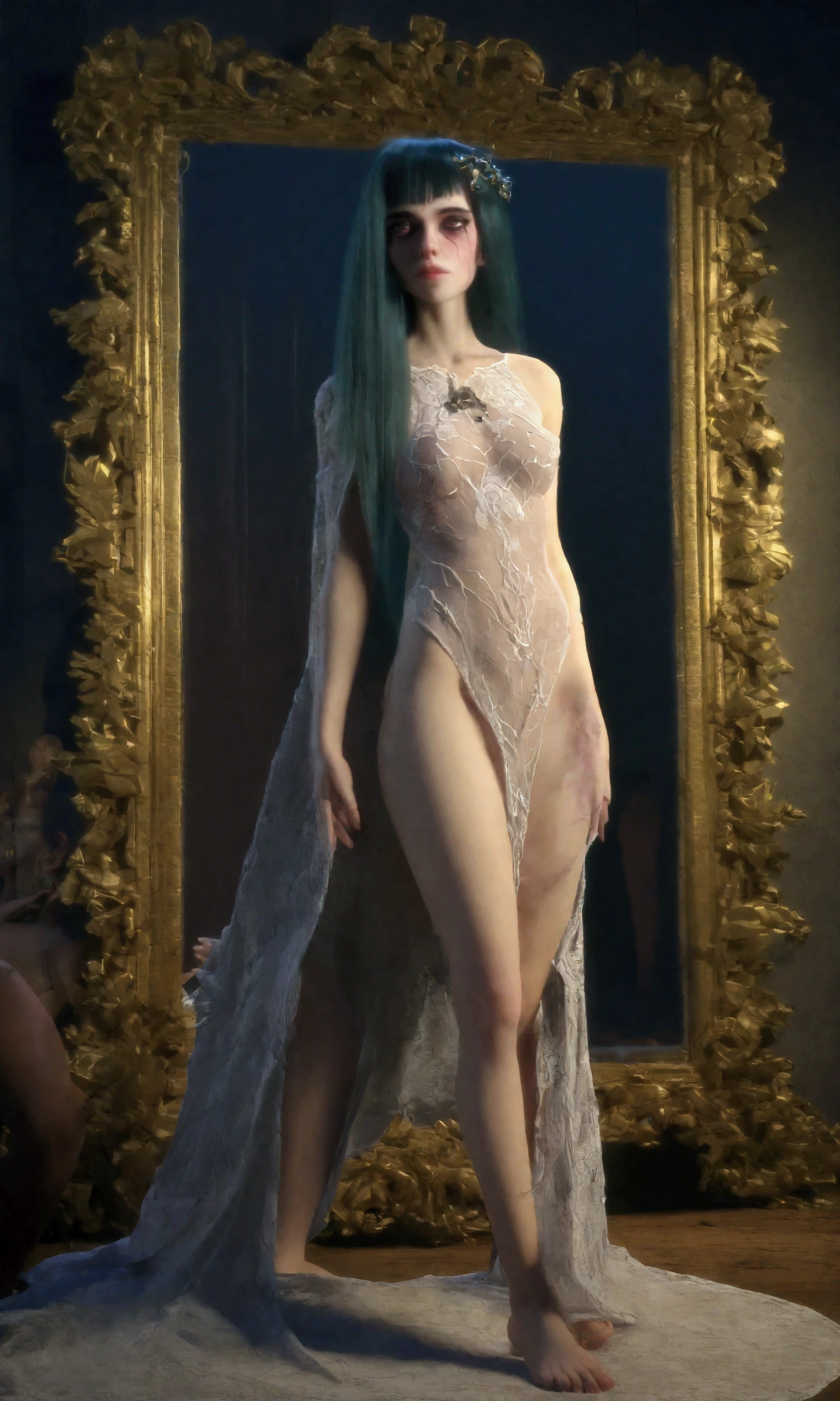 (masterpiece, best quality, 4k, dreamlike, hyperrealistic, Dark Souls:1.35), (strangely beautiful pale translucent smooth greasy albino ageless immortal vulnerable tall lithe slender androgynous male parasitic impotent god with beautiful eyes claws pointy teeth long hair flat chest male crotch bulge soft belly weak stomach, veins and internal organs show through:1.5)