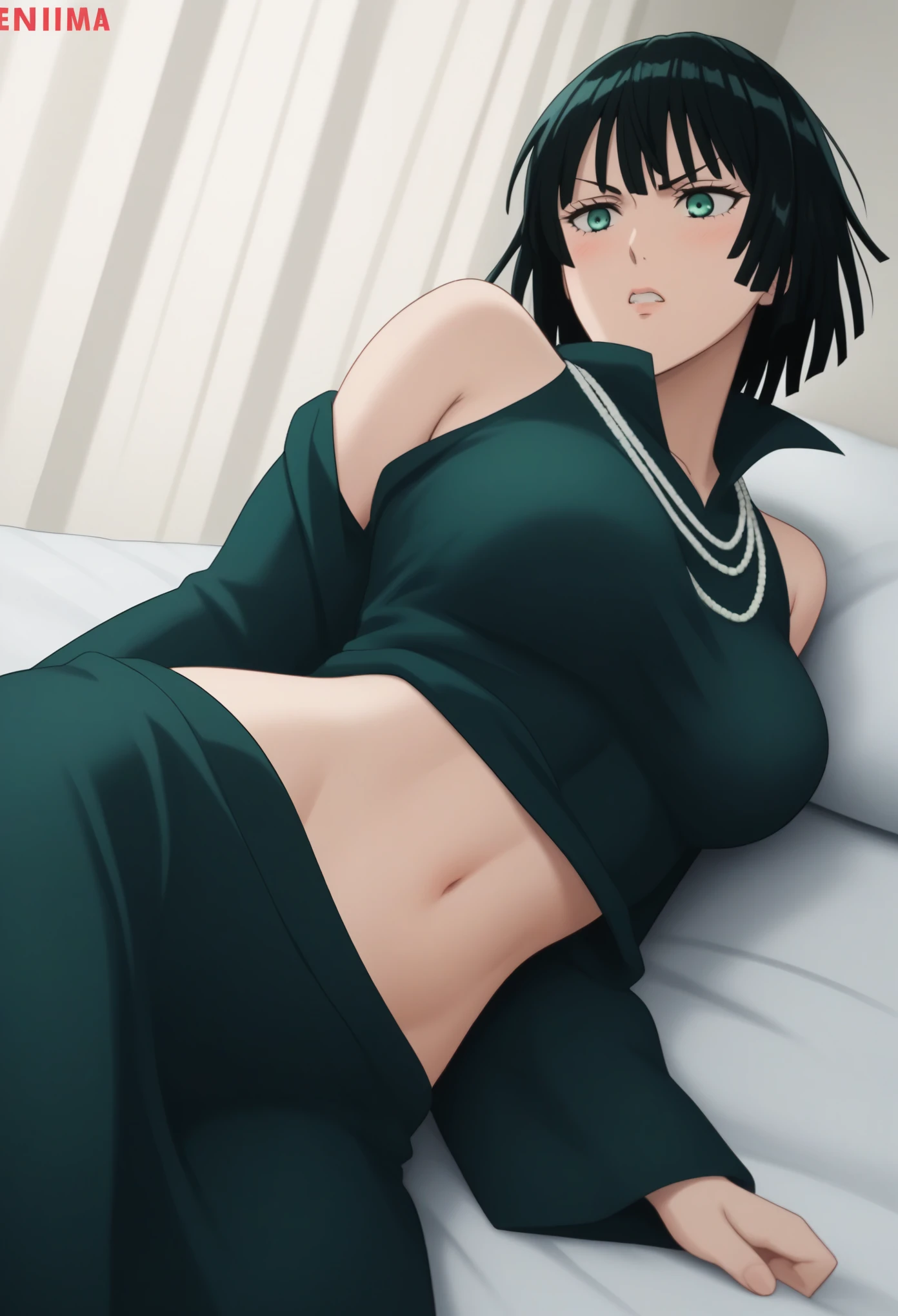 score_9, score_8_up, score_7_up, sauce_anime, ambient light,                                                                                                                                                                             
fubuki, fubuki \(one-punch man\), black hair, green eyes, short hair,,,, wince, frown, close up face:0.2,                       
nsfw, (show off breast),,navel, undress black dress, dress,, high collar, jewelry, necklace, off shoulder, taut clothes, taut dress,, in panties,                                                                                                                                                                                                                   
indoors,, bed ,realistic bed room, (on side),                                                                                                                                              
cowboy shot,, looking at below, solo, dutch angle, blush,, , clenched teeth,,, large breasts