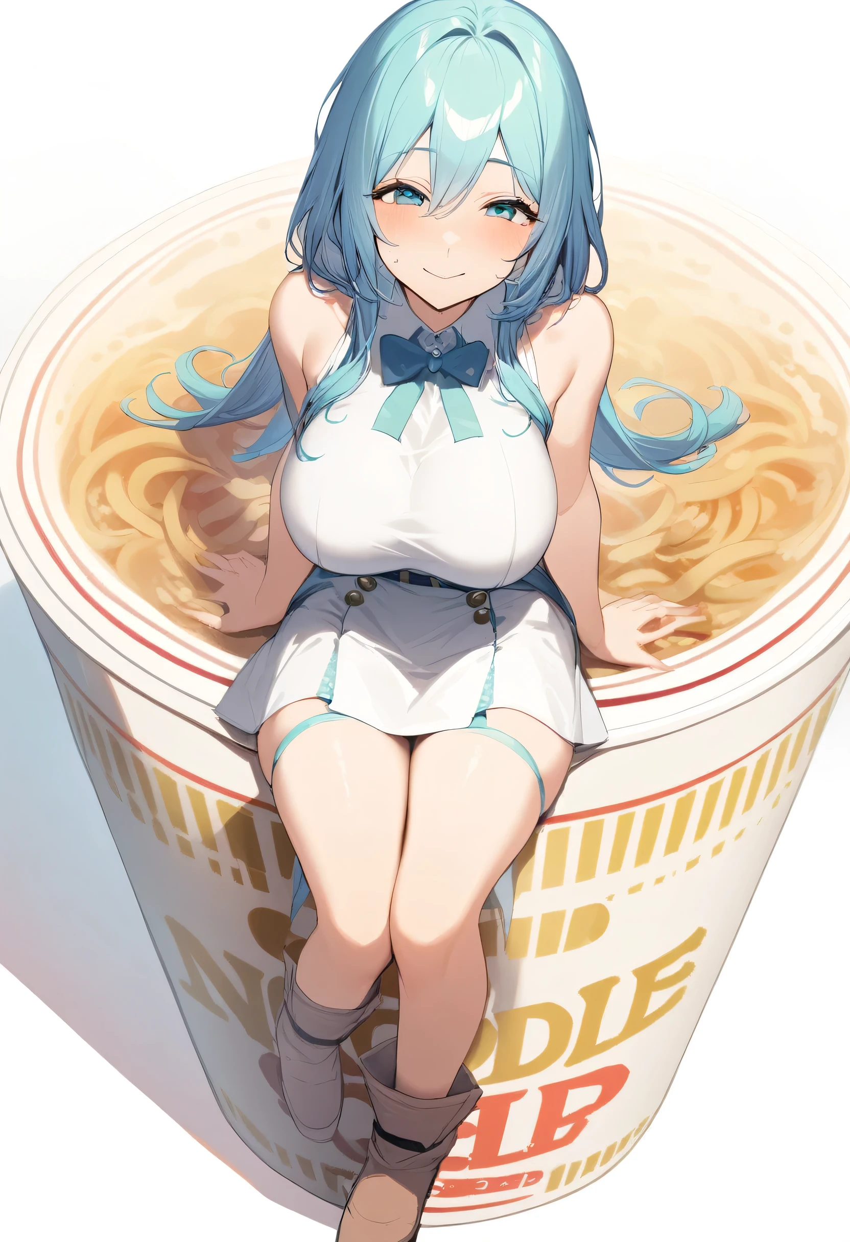 1girl, big breasts,
noodle stopper,nissin cup noodle,cup ramen, minigirl, full body,simple background, white background,
from above, cinematic angle, looking up, laugh,closed mouth,
best quality,medium quality, blue hair, big breasts 