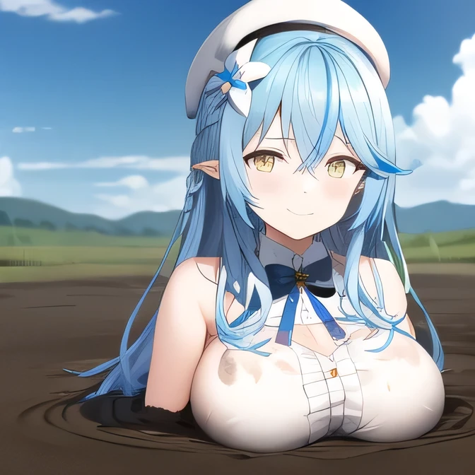 1girl,(adult),(Beaming Face with Smiling Eyes Emoji),(detailed_face:1.2),cleavage,messy,(forest),(sky),(cloud),solo,muddy,(8k hd),(big breast),(breast on quicksand),quicksand,long hair,character anime,(partially_submerged),(1girl quicksand),yellow eye,v1.0,Yukihana Lamy,(masterpiece, best quality, highres, aalamy, long hair, streaked hair, ahoge, braid, beret, white headwear, hair flower, blue bowtie, cleavage, clothing cutout, white shirt, sleeveless, black corset,snowflake print, open clothes, white thighhighs, brown bel,Upper bodymidriff,Upper body,Sinking into the mud,Division distance image,anime,(girl In the mud),Extremely detailed CG,sand