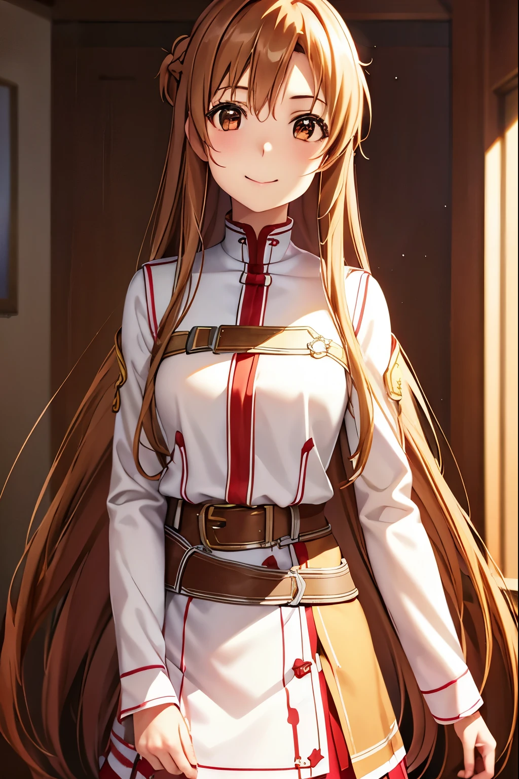 Best Quality、Otome, smile,Asuna Yuki、Closed Mouth、Long Hair、Brown Hair、Brown eyes、skirt、赤いskirt、indoor、 (masterpiece:1.2), Best Quality、High resolution、,Beautiful detailed eyes Highly detailed face、Perfect lighting、Highly detailed CG, (Perfect hands、Perfect Anatomy)、Cowboy Shot