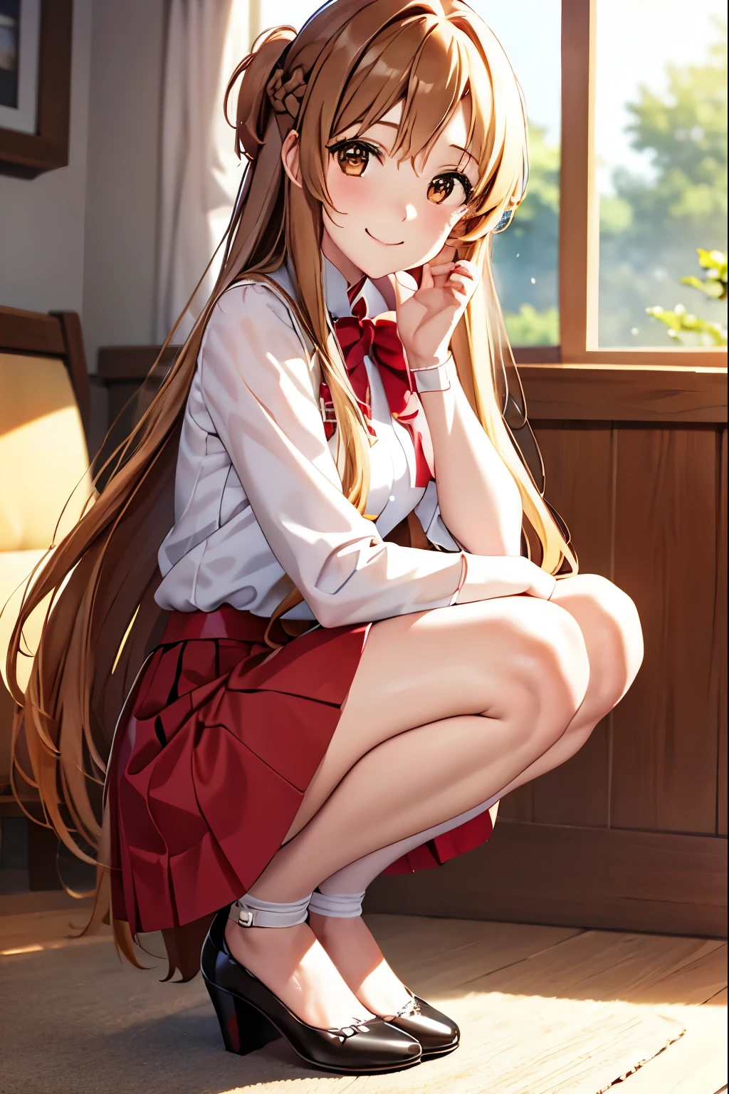 Best Quality、Otome、Side shot, smile,Asuna Yuki、Long Hair、Brown Hair、Brown eyes、skirt、赤いskirt、indoor、 (masterpiece:1.2), Best Quality、High resolution、,Beautiful detailed eyes Highly detailed face、Perfect lighting、Highly detailed CG, (Perfect hands、Perfect Anatomy)、Cowboy Shot、Shift the center of gravity backwards, (Squat:1.2), Place your heels on the ground, Squat