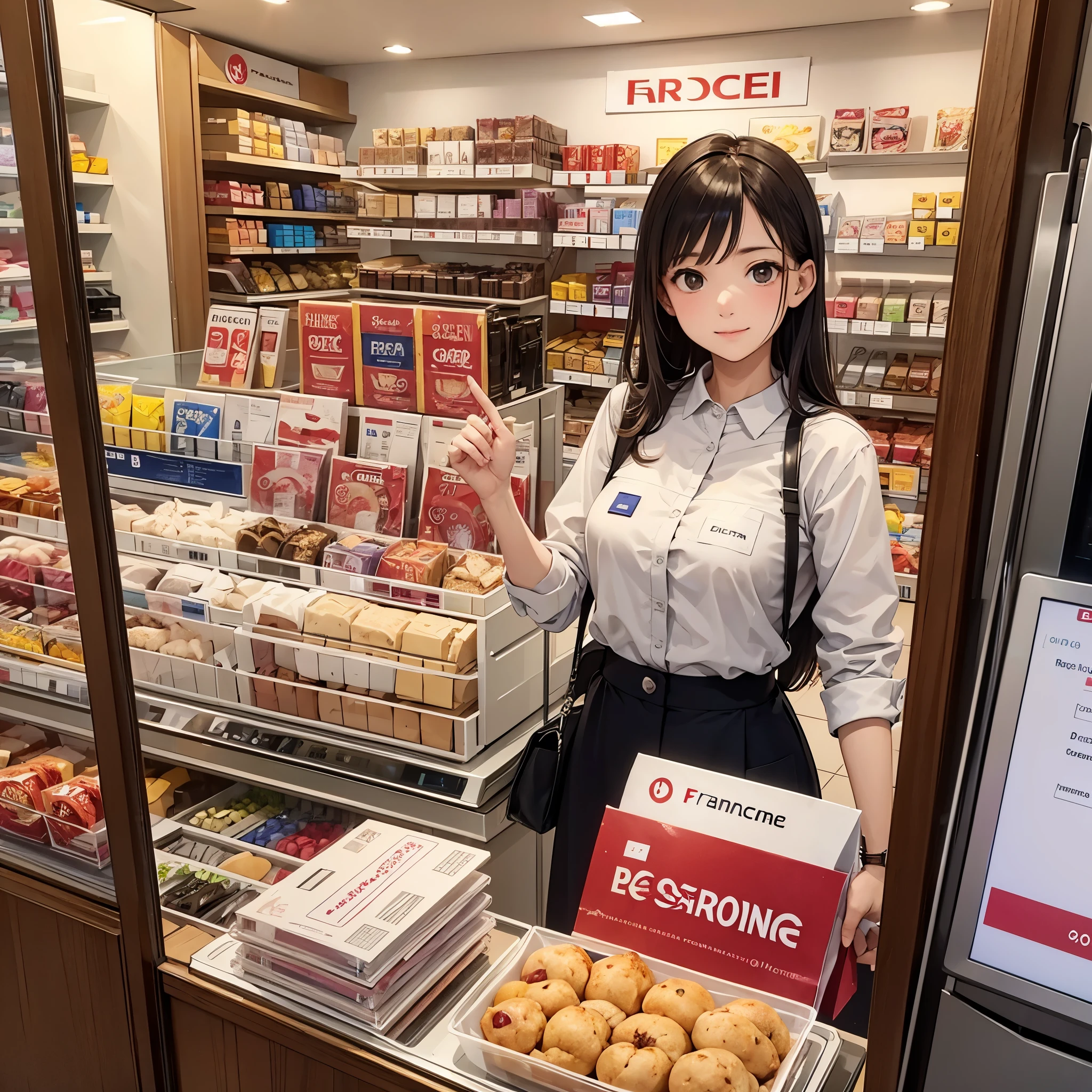 konbini, cashier, monitor, on shelves there are candys, figurines, alchool, ammo boxes, shop, indoors, convenience store at midnight, ultra detailed, masterpiece, best quality, aesthetic, detailed, solo, soft light smile, 1girl, dark green eyes, medium hair, dishevelled light brown hair, french braid, bangs, seller outfits, medium breasts, neon lights, anime on tv behind the seller, enhancer, detailer, details, backgrounds, detail tweaker
