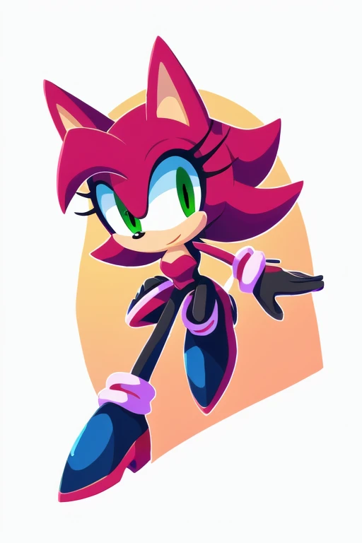 mobian, , 1girl, solo, animal ears, gloves, furry female, boots, animal nose, smile, white gloves, thigh boots, clenched hands, signature, high heels, teeth, full body, standing, standing on one leg, looking at viewer, ponytail, yellow eyes, breasts, grin, makeup, thighhighs