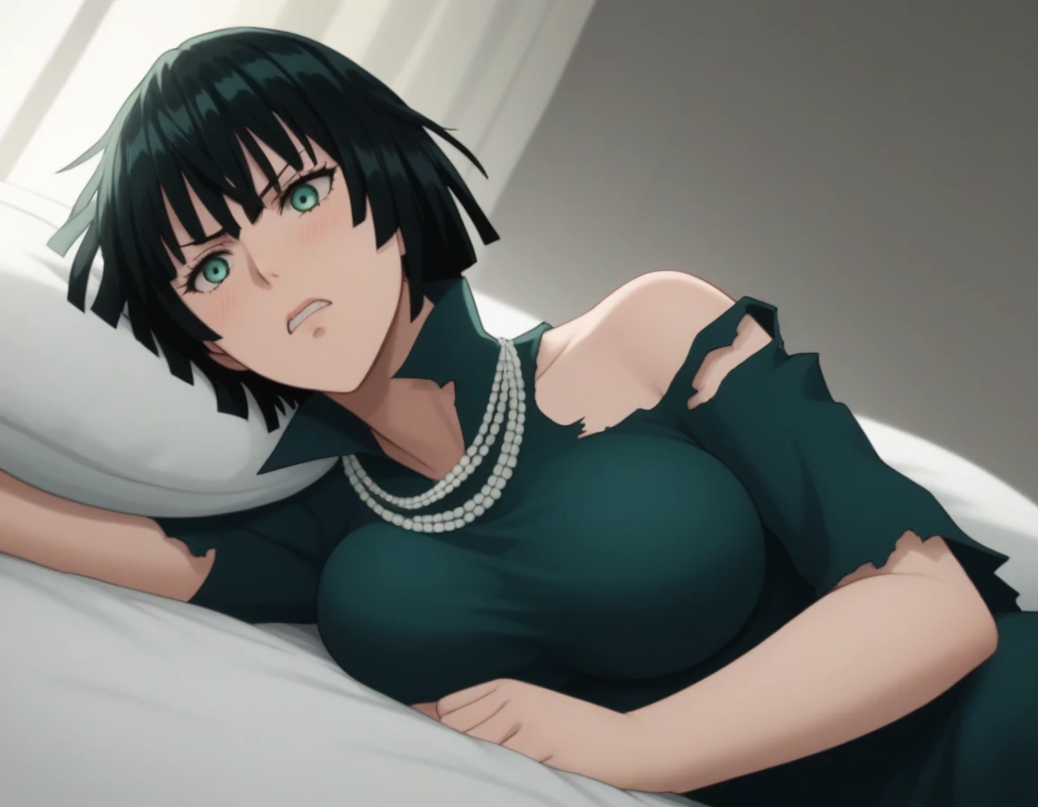 score_9, score_8_up, score_7_up, sauce_anime, ambient light,                                                                                                                                                                             
fubuki, fubuki \(one-punch man\), black hair, green eyes, short hair,,,, wince, frown, close up face:0.2,                       
nsfw, (show off breast),,torn black dress, dress,, high collar, jewelry, necklace, off shoulder, taut clothes, taut dress,, in panties,                                                                                                                                                                                                                   
indoors,, bed ,realistic bed room, (on side),                                                                                                                                              
cowboy shot,, looking at below, solo, dutch angle, blush,, , clenched teeth,,, large breasts