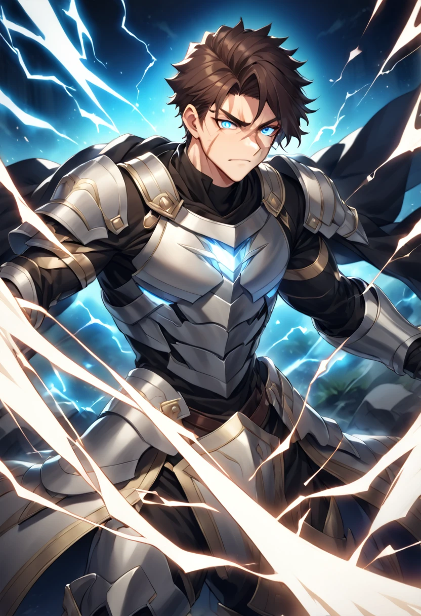 Clothing: Lyratz wears a light suit of armor that combines elements of Spartan military garb with a modern twist. The armor is silver and dark blue, representing thunder and lightning, with gold accents around the shoulders and chest, symbolizing the nobility and strength of Greek warriors. He wears a flowing cloak that resembles the ancient cloaks of Spartan generals, but is reinforced with metal plates on the back for protection. Power Elements: His armor is connected to a series of conductors that channel his electrical energy, allowing him to release lightning from various parts of his body. When he activates his powers, electrical discharges course through his body, and his scars glow with a blue light. Facial Details: Lyratz has short, military-style dark brown hair. The scar across his nose gives him a hard, determined expression, reflecting his experience in battle. His eyes glow an intense blue, as if they are constantly charged with electricity.