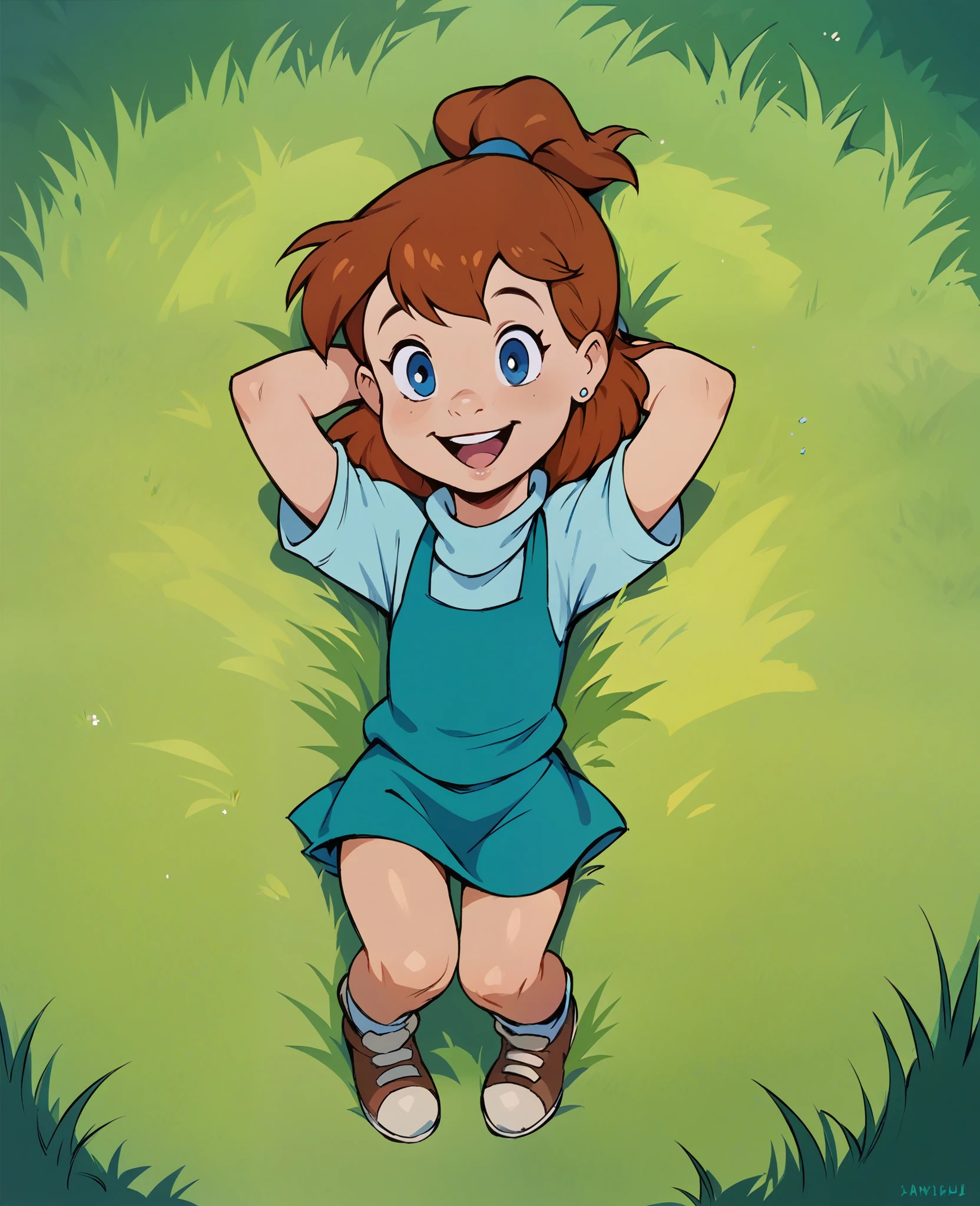 score_8, score_9, jenny, brown hair, ponytail, blue eyes, earrings, lying on back, in grass, hands behind head, open smile, full body