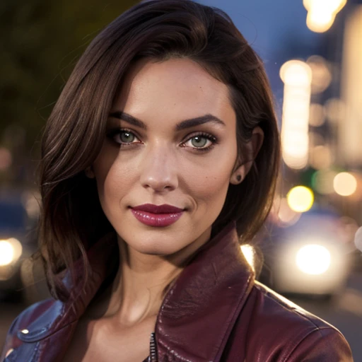 Best quality, realistic, from the front in first person, KristannaTX on a Los Angeles city street, (a female mexican supermodel), (sexy wine red leather jacket:1.1), split, Seductive smile, (dark hair), (hairstyle:1.0), Perfect eyes, sharp parts, Detailed face, face-makeup, cheeks turn red, Eyeliner, eyeshadow, Lip gloss, supermodel, (deep focus), (hard lighting), (night time), (realistic lighting:1.0)