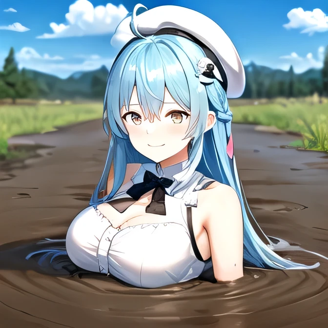 1girl,(adult),(Beaming Face with Smiling Eyes Emoji),(detailed_face:1.2),cleavage,messy,(forest),(sky),(cloud),solo,muddy,(8k hd),(big breast),(breast on quicksand),quicksand,long hair,character anime,(partially_submerged),(1girl quicksand),yellow eye,v1.0,Yukihana Lamy,(masterpiece, best quality, highres, aalamy, long hair, streaked hair, ahoge, braid, beret, white headwear, hair flower, blue bowtie, cleavage, clothing cutout, white shirt, sleeveless, black corset,snowflake print, open clothes, white thighhighs, brown bel,Upper bodymidriff,Upper body,Sinking into the mud,Division distance image,anime,(girl In the mud),Extremely detailed CG,sand