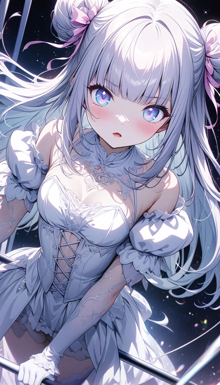 ((masterpiece, maximum quality, ultra quality, ultra high quality, maximum detail, well defined, 8k)), nsfw, 1 girl, ((beautiful detailed blue eyes)), ((bright pupils, heterochromatic pupils, red eye)), long white hair, white cat ears, ((maid, sleeveless, white gloves)), ((breasts visible, huge breasts, breasts exposed, nipples visible, topless)), serious expression.