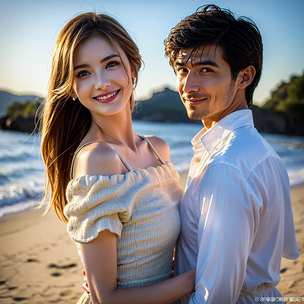 Una pareja irradia felicidad y amor. They're hugging, sonriendo ampliamente mientras comparten un momento especial juntos. His eyes shine with joy, y se sienten realizados y enamorados.