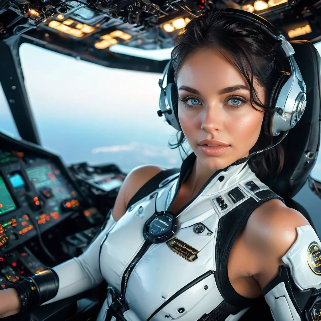 (masterpiece), (High definition photos), (8k), (dynamic), (Detailed skin), (Detailed eyes), (one Caucasoid girl), (Photographed from directly in front), (Female pilot sitting at the cockpit of a futuristic spaceship), (Looking into the camera), Muscular, headset, sporty lingerie, enormous and saggy breasts, harness, upper body, black hair, Wet