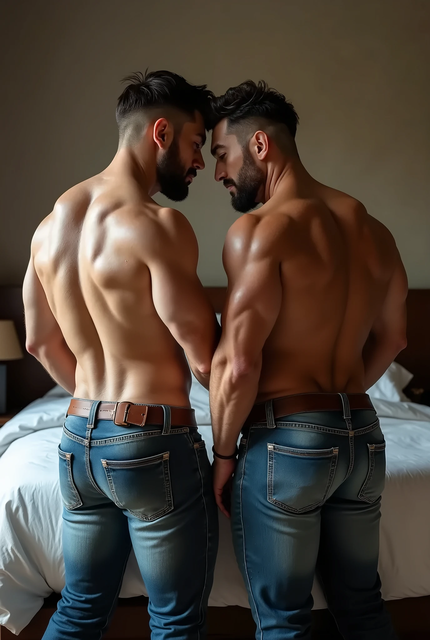 view of two naked men hugging boyfriend from back intimately in the modern kitchen, salad bowl 