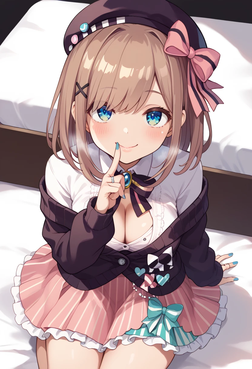 Very detailed、(8k, RAW Photos, highest quality, masterpiece:1.2), (Very detailed 8k wallpaper),shape、Professional Lighting,Sharp focus, Written boundary depth、
Browsing Caution、Clear Eyes、Perfect Anatomy、With a girl、Cute girl、beautiful girl、blonde、、(blush:1.5)、Open Mouth、(Looking up:1.5)、15 years old、White underwear、Off the shoulder、denim micro mini skirt,、,Thighs in full view、bed、imminent kiss、From above、