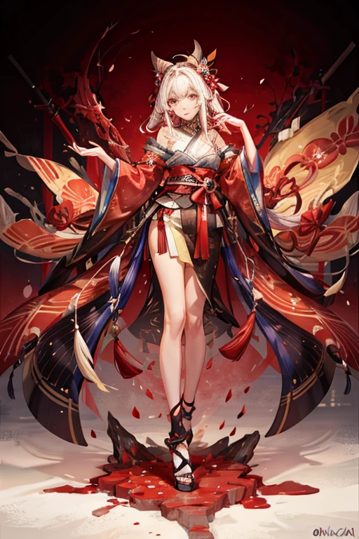Oiran, absurdres, RAW photo, extremely delicate and beautiful, masterpiece, Best Quality, ultra high resolution, 32k, hyperrealistic, ultra-detailed, detailed description, pale skin, 20 years old, tearful mole, earring, big tits, short medium hair, wavy hair, whole body shot,