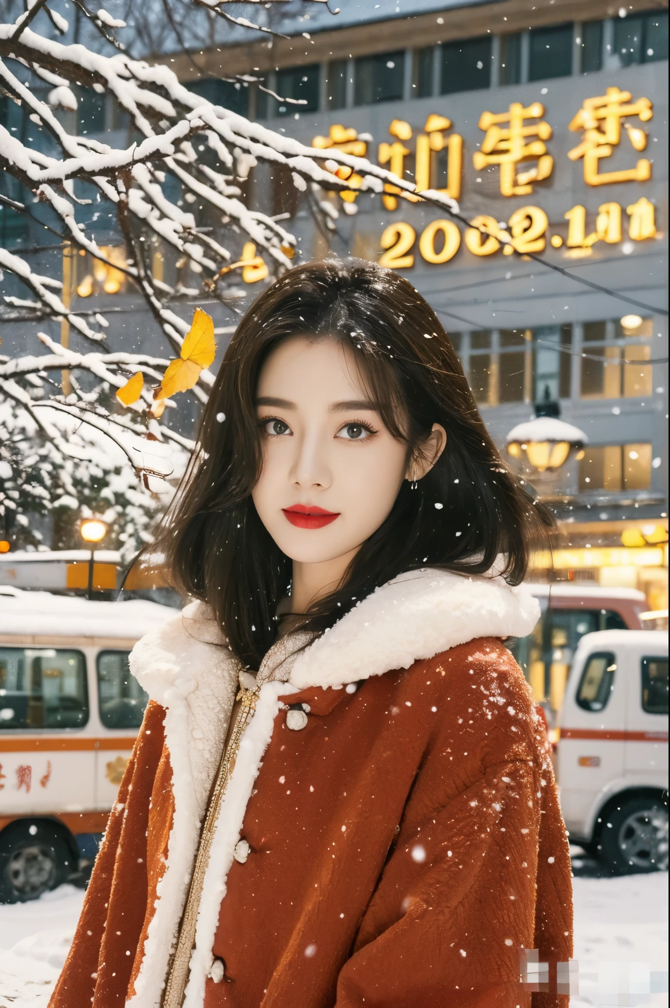 (((best quality))),(((ultra detailed))),(((masterpiece))),illustration, 1girl, beautiful, youthful,shoulder-length straight hair flowing, starry eyes,red lips,warm smile,red winter coat, 2002 fashion style, standing in snow, background of Urumqi's No.2 Bus and Babalu Hotel, warm yellow lighting, snow-covered trees and wires, romantic winter scene, falling snowflakes like butterflies, single yellow leaf, nostalgic atmosphere
