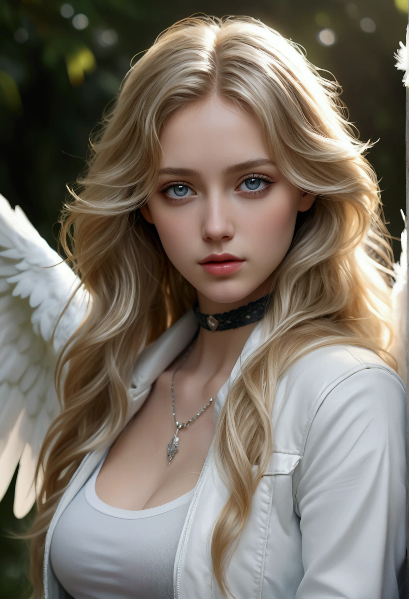 1 girl, beautiful detailed eyes, beautiful detailed lips, extremely detailed face, long wavy blonde hair, gray eyes, angel with white feathered wings, outdoor scene, white jacket, choker, tank top, jeans, (best quality,4k,8k,highres,masterpiece:1.2),ultra-detailed,(realistic,photorealistic,photo-realistic:1.37),digital painting, highly detailed, cinematic lighting, vibrant colors, dramatic lighting, ethereal, serene