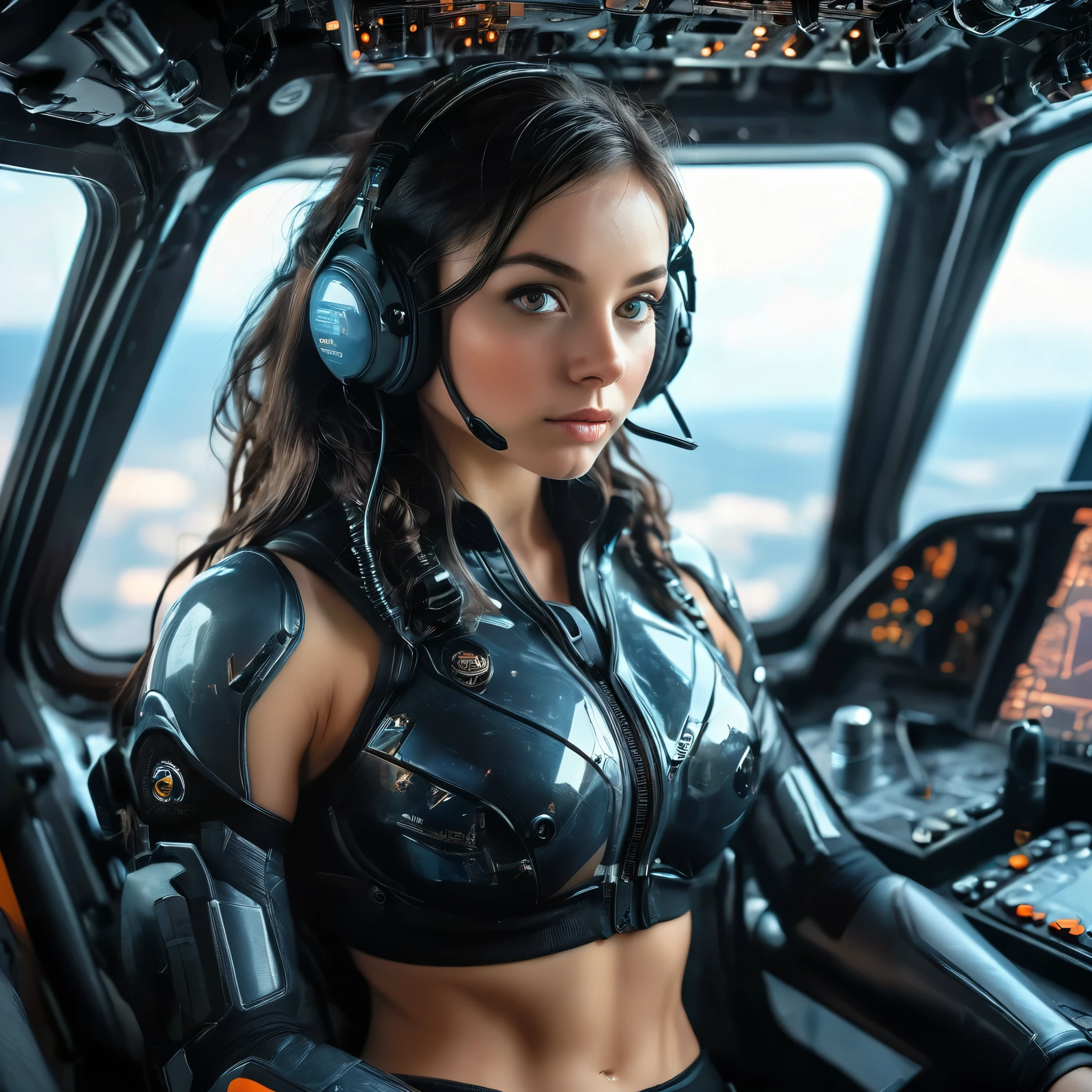 (masterpiece), (High definition photos), (8k), (dynamic), (Detailed skin), (Detailed eyes), (one Caucasoid girl), (Photographed from directly in front), (Female pilot sitting at the cockpit of a futuristic spaceship), (Looking into the camera), Muscular, headset, sporty lingerie, enormous and saggy breasts, harness, upper body, black hair, Wet