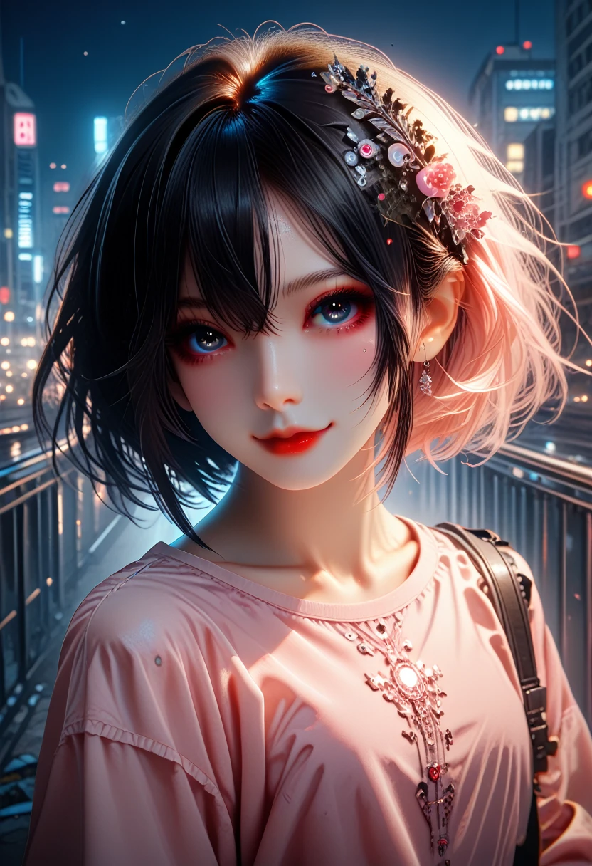 focusing on the face, portrait, Glowing black eyes, feminine style, One girl, asymmetrical bang, bang, Black hair, sconceid, sconce, camera view, smile, Night, city, bob hair, life, red lips, shirt, One, standing, sconceid, upper body, underwear, pink underwear, ideal body line, Beautiful kubire, Beautiful, naughty face