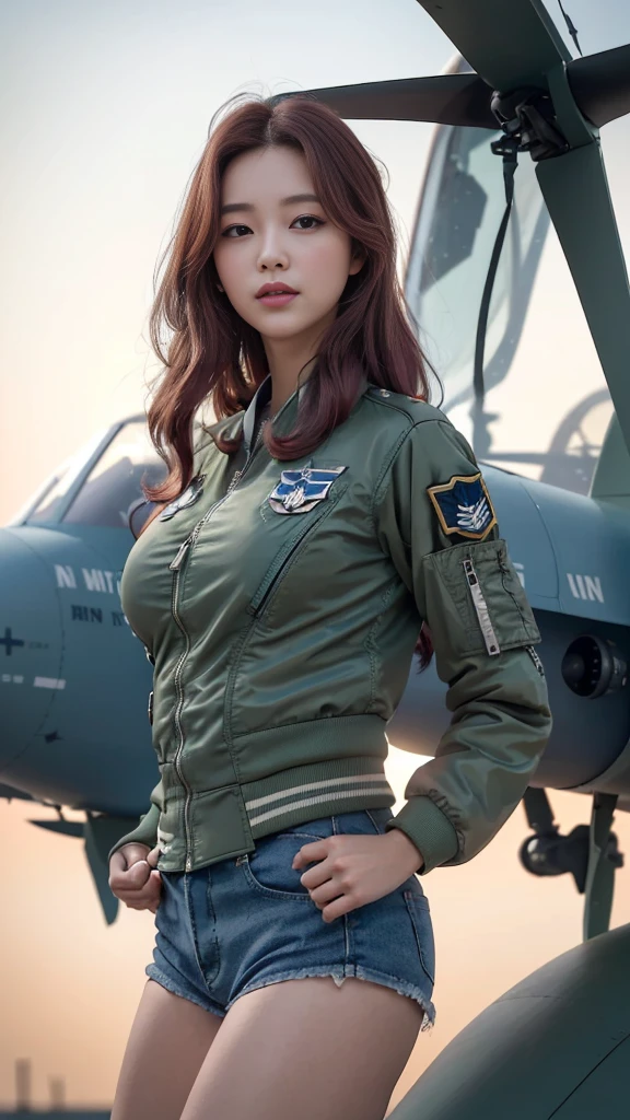 (best quality, 8K, 32k, masterpiece, Ultra HD:1.2), (Practical:1.5), (masterpiece, Extremely detailed CG unity 8K wallpaper, best quality, high resolution:1.2), (Extremely detailed, Ultra HD:1.2), Photo of extremely cute and beautiful Japanese Miss, (Maroon with long wavy hair:1.2), aldult, (Beautiful Korean girl:1.4), best quality,high resolution， Miss, aldult, (U.S. Air Force pilot details:1.5), (Military green pilot suit:1.3),Detailed clothes, (Military helicopters parked at the US Air Force base，Complex and advanced helicopter cockpit background:1.3), 1, A faint smile, Looking at the audience, For the audience, ((Perfect female body)), (Willow Waist:1.2), (Upper body pictures:1.3), slim, Abdominal muscles, (Big breasts:1.25), ((Frame the head)), wind, Dynamic poses, light, Backlight, Perfect anatomical structure, Perfect proportion, Detailed human body, Bokeh, Depth of Field,