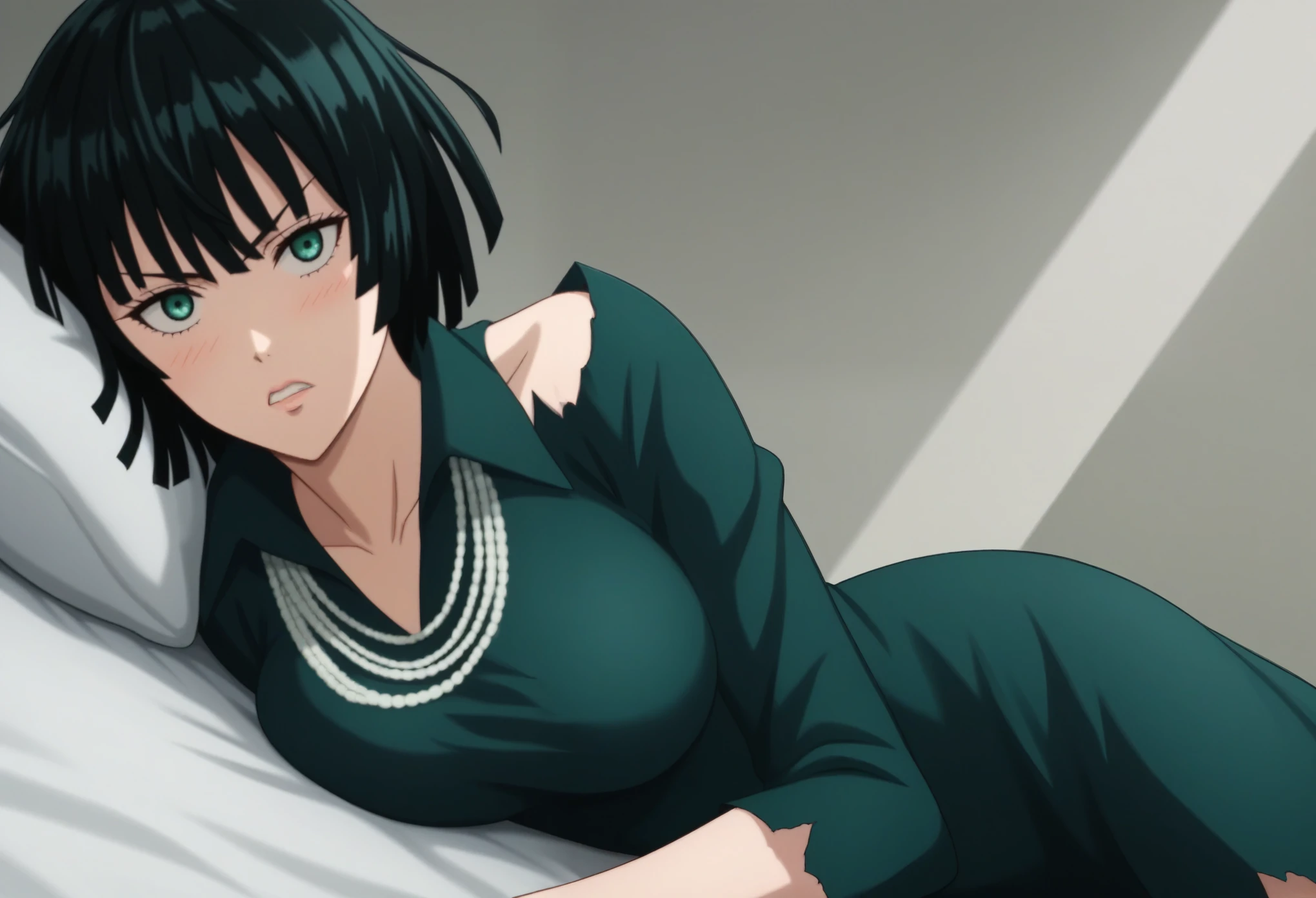 score_9, score_8_up, score_7_up, sauce_anime, ambient light,                                                                                                                                                                             
fubuki, fubuki \(one-punch man\), black hair, green eyes, short hair,,,, wince, frown, close up face:0.2,                       
nsfw, (show off breast),,torn black dress, dress,, high collar, jewelry, necklace, off shoulder, taut clothes, taut dress,, in panties,                                                                                                                                                                                                                   
indoors,, bed ,realistic bed room, (on side),                                                                                                                                              
cowboy shot,, looking at viewer, solo, dutch angle, blush,, , clenched teeth,,, large breasts