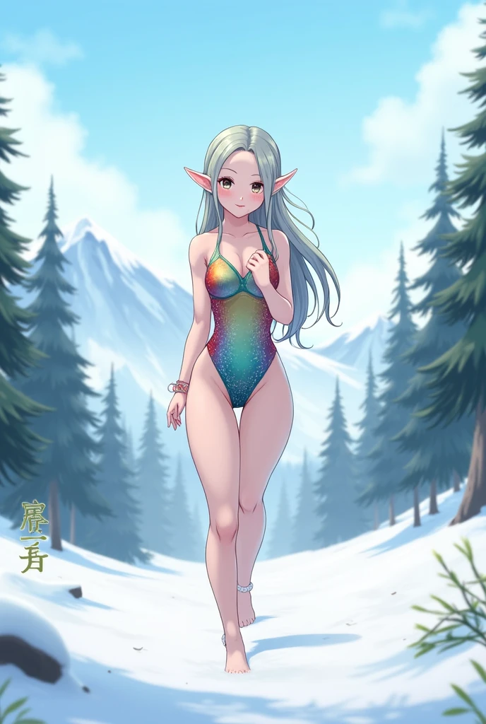 light blue hair,Hair style is twin tails,light blue eyes,white skin,Elf two-dimensional beautiful girl,smile,Thick body type,Hot spring with snowy scenery,bathing naked,beautiful nipples,no-underwear ,no-swimwear